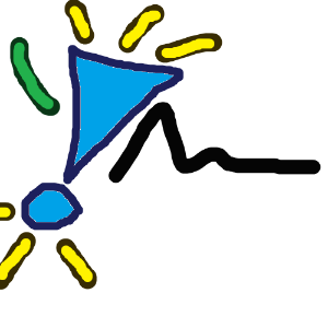  A large, italicized, blue exclamation mark with yellow emphasis marks above and below, a green curve to the left indicating the tilt, and a black squiggle to the right, indicating text.